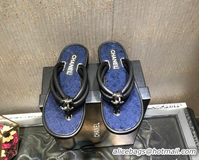 Good Product Chanel Leather Thong Flat Sandals 030419 Black/Blue