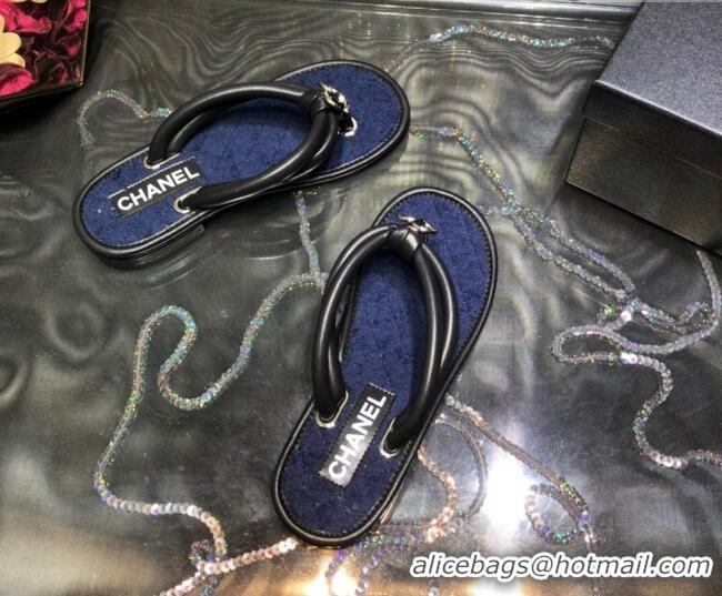 Good Product Chanel Leather Thong Flat Sandals 030419 Black/Blue