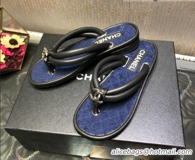 Good Product Chanel Leather Thong Flat Sandals 030419 Black/Blue