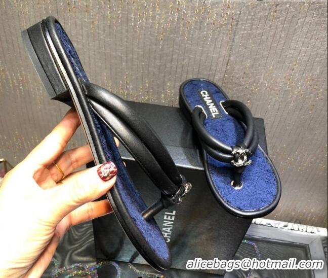 Good Product Chanel Leather Thong Flat Sandals 030419 Black/Blue