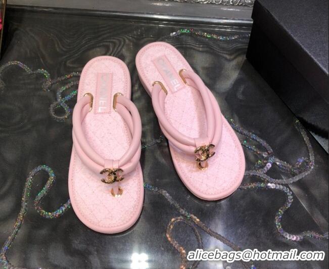 Best Quality Chanel Leather Thong Flat Sandals 030419 Pink