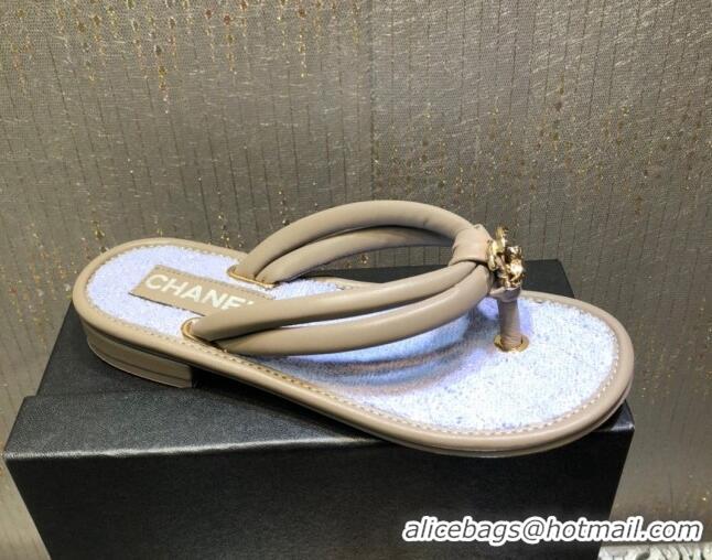 Reasonable Price Chanel Leather Thong Flat Sandals 030419 Apricot