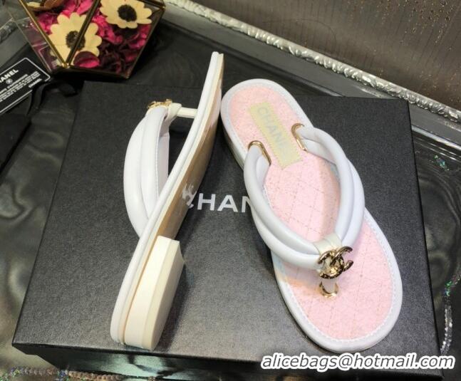 Classic Practical Chanel Leather Thong Flat Sandals 030419 White/Pink