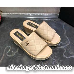 New Style Chanel Lambskin Wedge Slide Sandals 6.5cm 030423 Beige