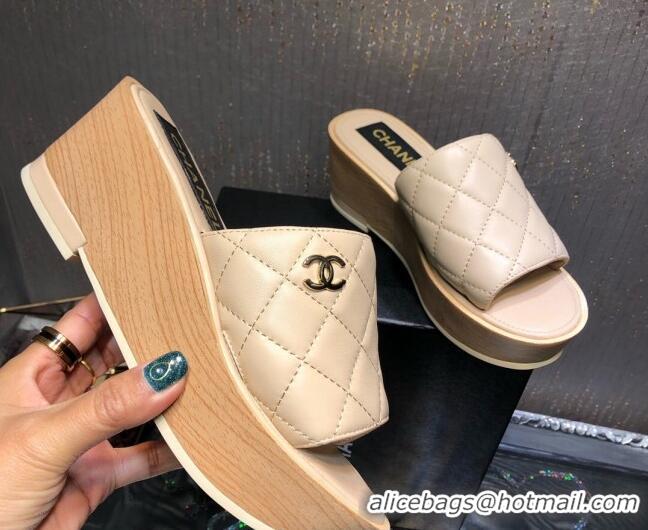 New Style Chanel Lambskin Wedge Slide Sandals 6.5cm 030423 Beige