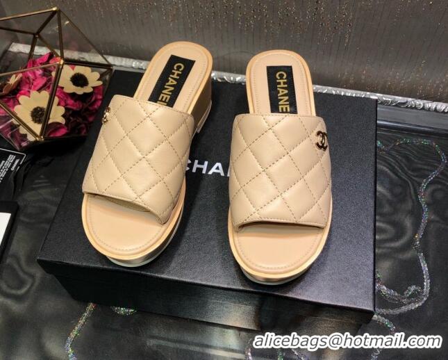 New Style Chanel Lambskin Wedge Slide Sandals 6.5cm 030423 Beige