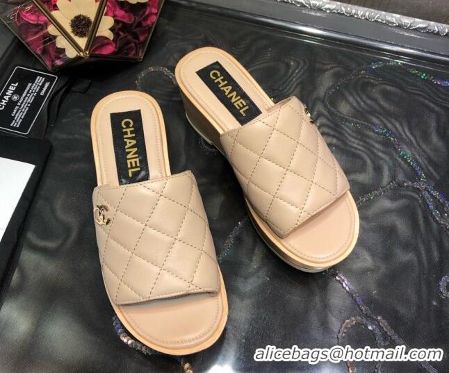 New Style Chanel Lambskin Wedge Slide Sandals 6.5cm 030423 Beige