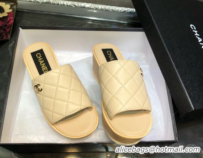 New Style Chanel Lambskin Wedge Slide Sandals 6.5cm 030423 Beige