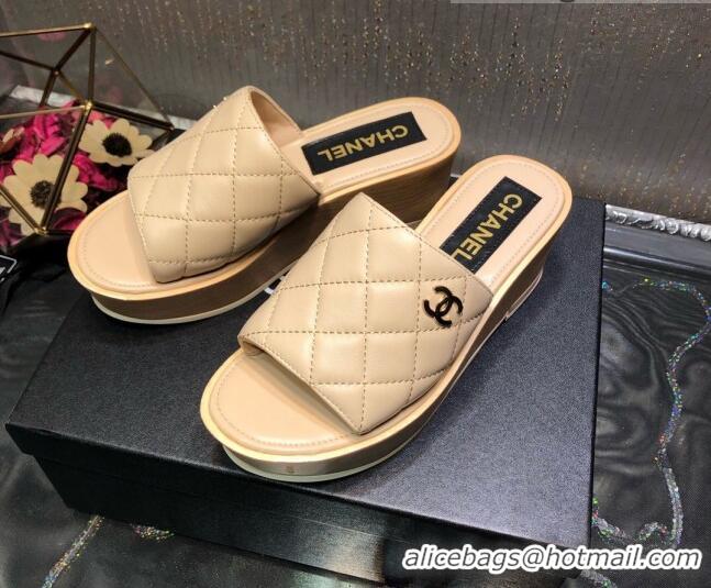 New Style Chanel Lambskin Wedge Slide Sandals 6.5cm 030423 Beige