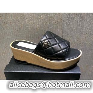 Good Taste Chanel Lambskin Wedge Slide Sandals 6.5cm 030423 Black