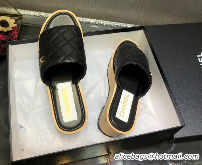 Good Taste Chanel Lambskin Wedge Slide Sandals 6.5cm 030423 Black