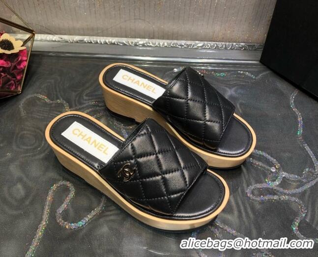 Good Taste Chanel Lambskin Wedge Slide Sandals 6.5cm 030423 Black