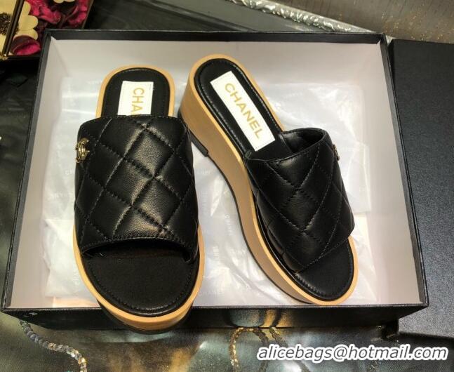 Good Taste Chanel Lambskin Wedge Slide Sandals 6.5cm 030423 Black