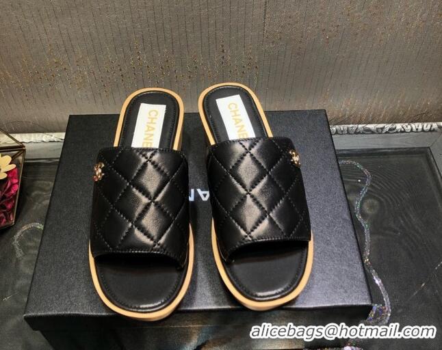 Good Taste Chanel Lambskin Wedge Slide Sandals 6.5cm 030423 Black