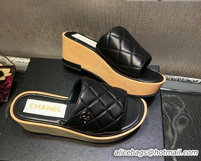 Good Taste Chanel Lambskin Wedge Slide Sandals 6.5cm 030423 Black