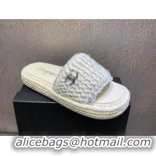 Good Looking Chanel Braided Knit Flat Slide Sandals G38189 White/Silver