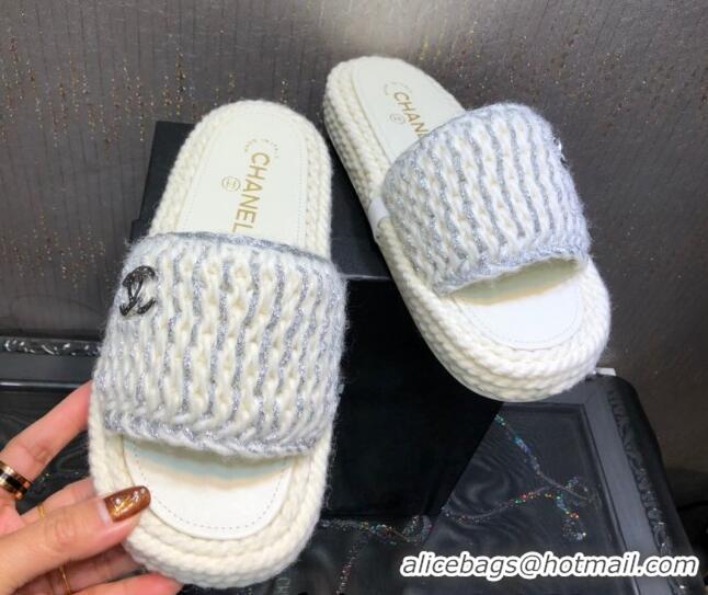 Good Looking Chanel Braided Knit Flat Slide Sandals G38189 White/Silver