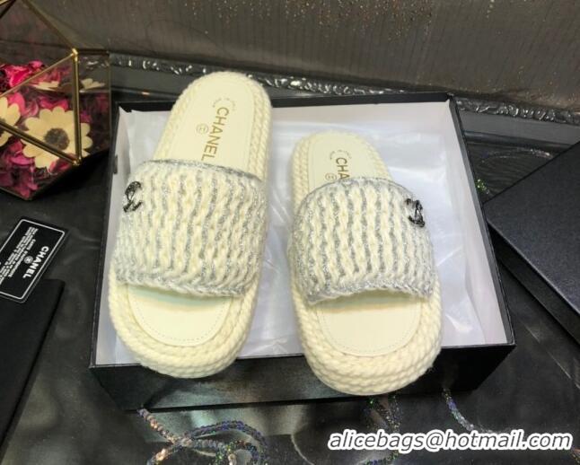 Good Looking Chanel Braided Knit Flat Slide Sandals G38189 White/Silver