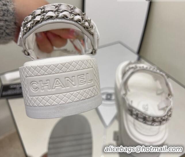 Crafted Chanel Leather Chain Sandals G33800 White/Silver