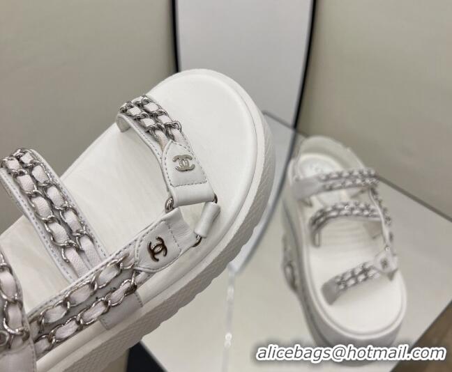 Crafted Chanel Leather Chain Sandals G33800 White/Silver