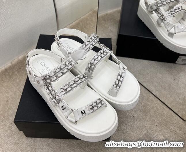 Crafted Chanel Leather Chain Sandals G33800 White/Silver