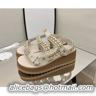 Good Quality Chanel Leather Chain Sandals G33800 Light Apricot