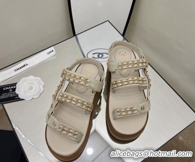 Good Quality Chanel Leather Chain Sandals G33800 Light Apricot