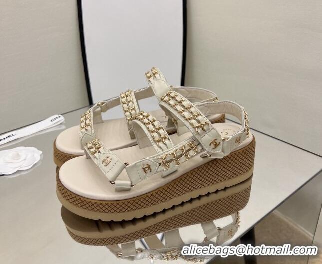 Good Quality Chanel Leather Chain Sandals G33800 Light Apricot