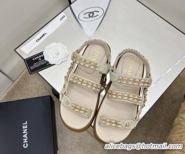 Good Quality Chanel Leather Chain Sandals G33800 Light Apricot