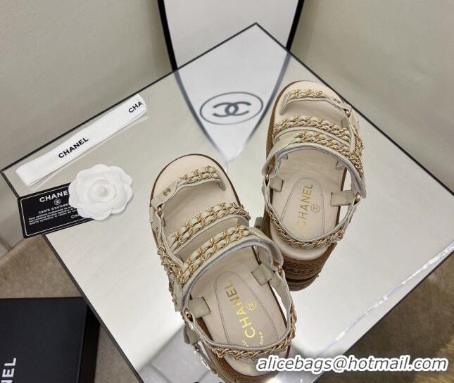 Good Quality Chanel Leather Chain Sandals G33800 Light Apricot