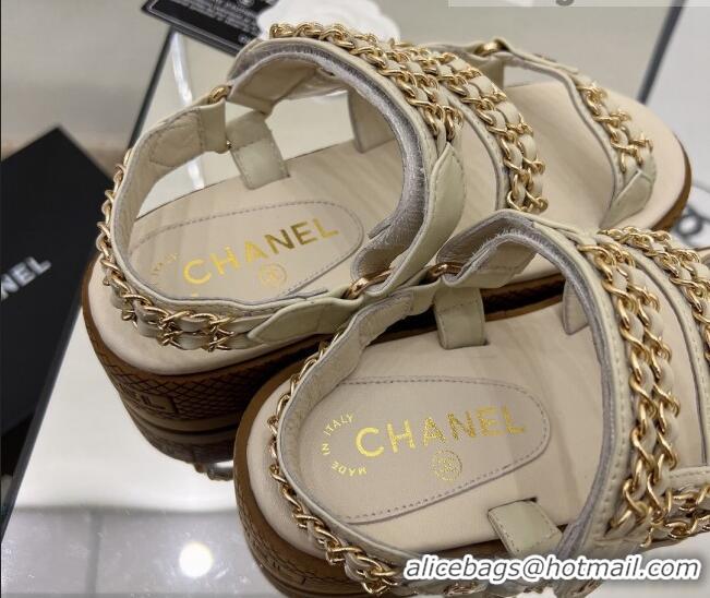 Good Quality Chanel Leather Chain Sandals G33800 Light Apricot