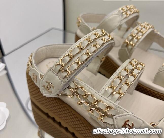 Good Quality Chanel Leather Chain Sandals G33800 Light Apricot