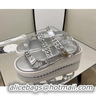 Unique Style Chanel Leather Chain Sandals G33800 Silver