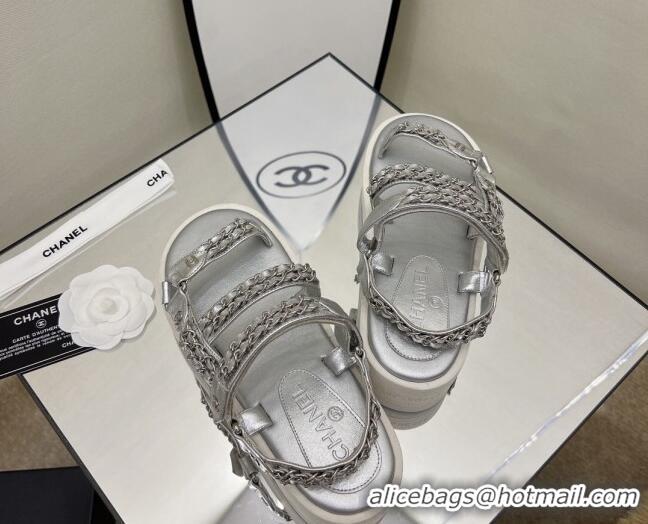 Unique Style Chanel Leather Chain Sandals G33800 Silver