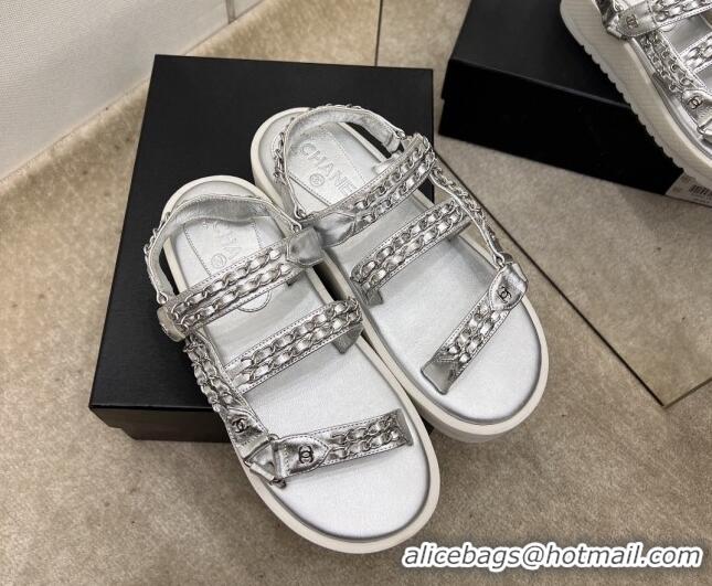 Unique Style Chanel Leather Chain Sandals G33800 Silver