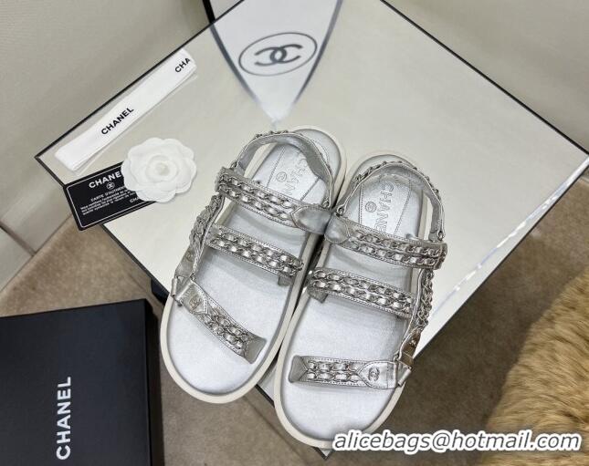 Unique Style Chanel Leather Chain Sandals G33800 Silver