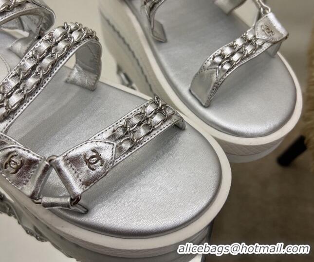 Unique Style Chanel Leather Chain Sandals G33800 Silver