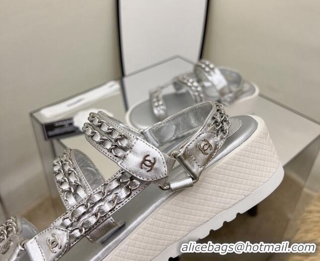 Unique Style Chanel Leather Chain Sandals G33800 Silver