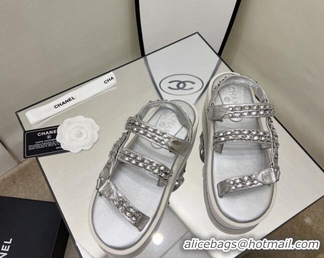 Unique Style Chanel Leather Chain Sandals G33800 Silver