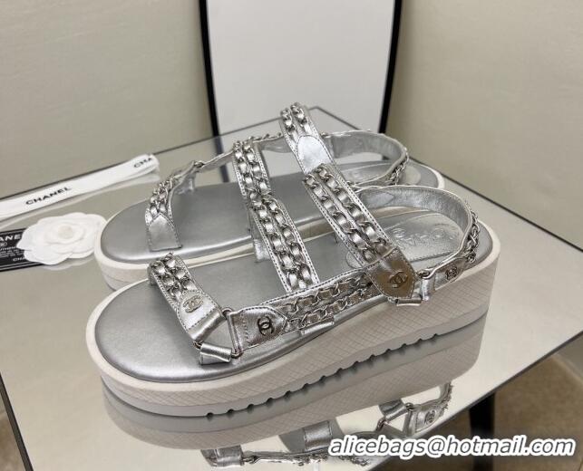 Unique Style Chanel Leather Chain Sandals G33800 Silver