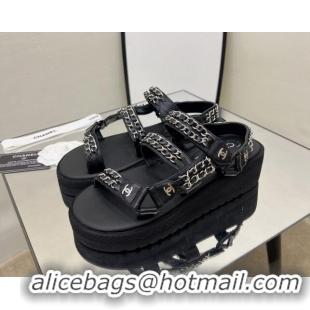 Best Product Chanel Leather Chain Sandals G33800 Black/Silver