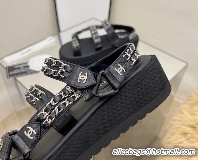 Best Product Chanel Leather Chain Sandals G33800 Black/Silver