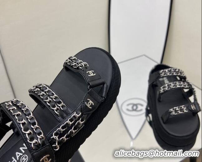 Best Product Chanel Leather Chain Sandals G33800 Black/Silver