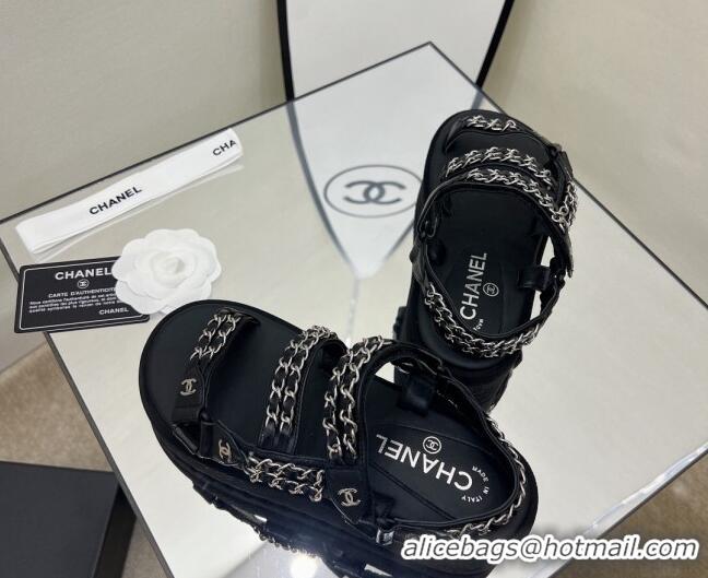 Best Product Chanel Leather Chain Sandals G33800 Black/Silver