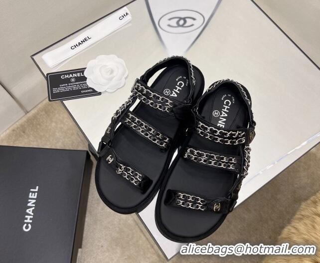 Best Product Chanel Leather Chain Sandals G33800 Black/Silver