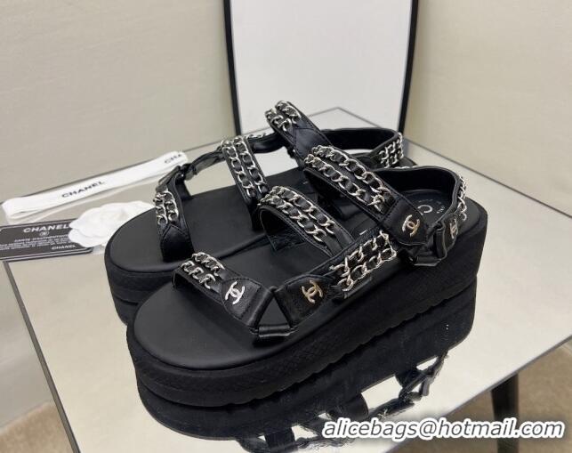 Best Product Chanel Leather Chain Sandals G33800 Black/Silver