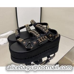 Best Grade Chanel Leather Chain Sandals G33800 Black/Gold