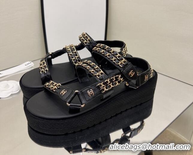 Best Grade Chanel Leather Chain Sandals G33800 Black/Gold