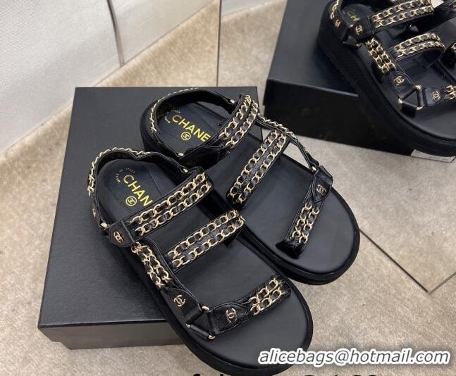 Best Grade Chanel Leather Chain Sandals G33800 Black/Gold