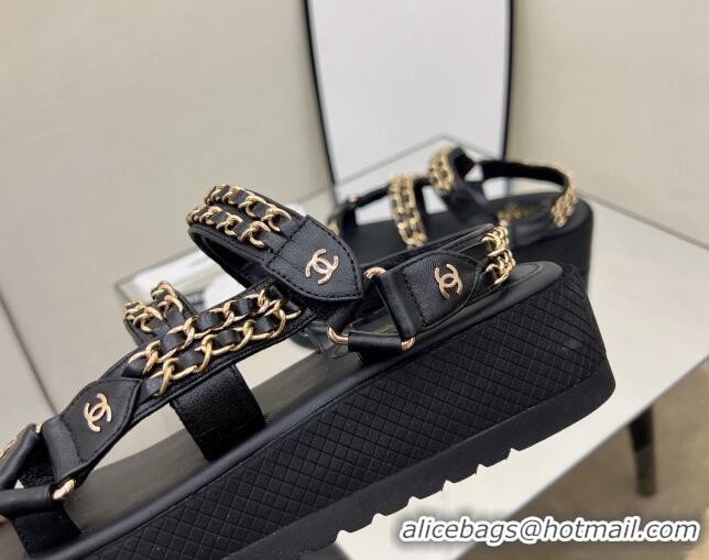 Best Grade Chanel Leather Chain Sandals G33800 Black/Gold